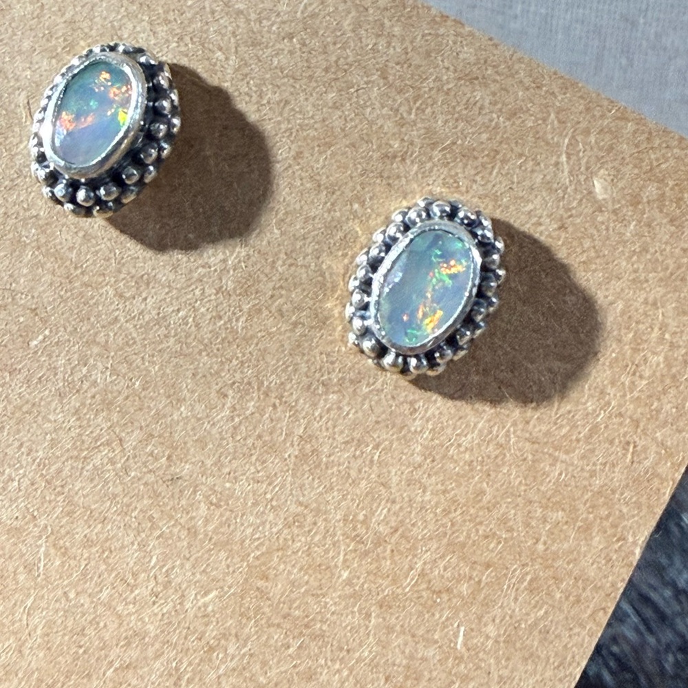 Sterling Silver Genuine Ethiopian Opal Stud Earrings, NEW - Picture 2 of 6